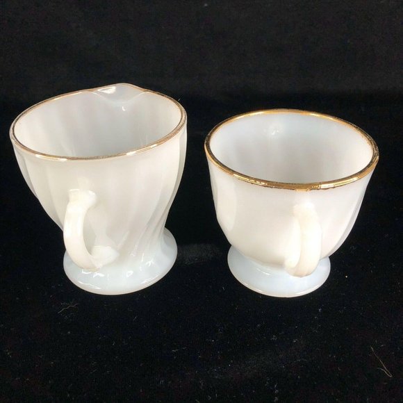 Fire King 3 Creamer 1 Sugar Bowl 2 Berry Set White Gold Swirl Anchor Hocking - Picture 8 of 12